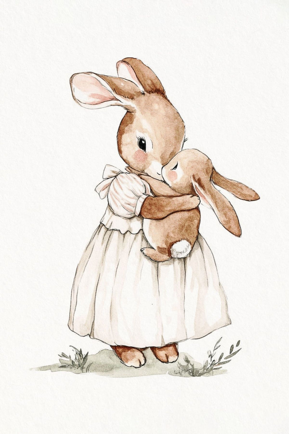 Mother and Baby Bunny Hug Watercolor