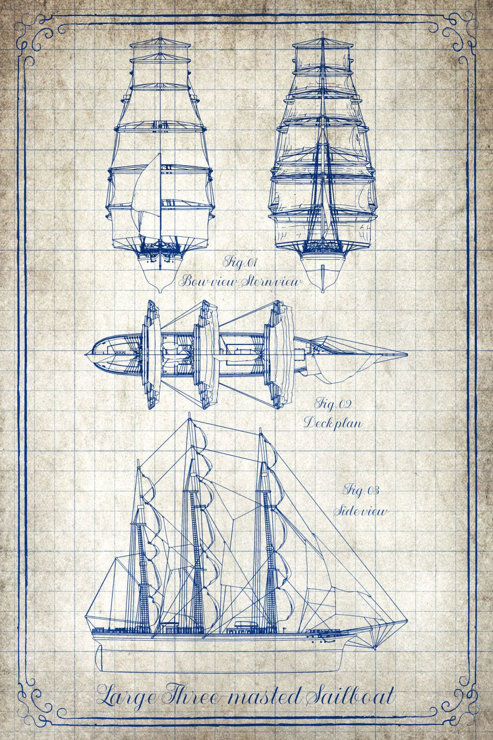 Large Three-Masted Sailboat On White