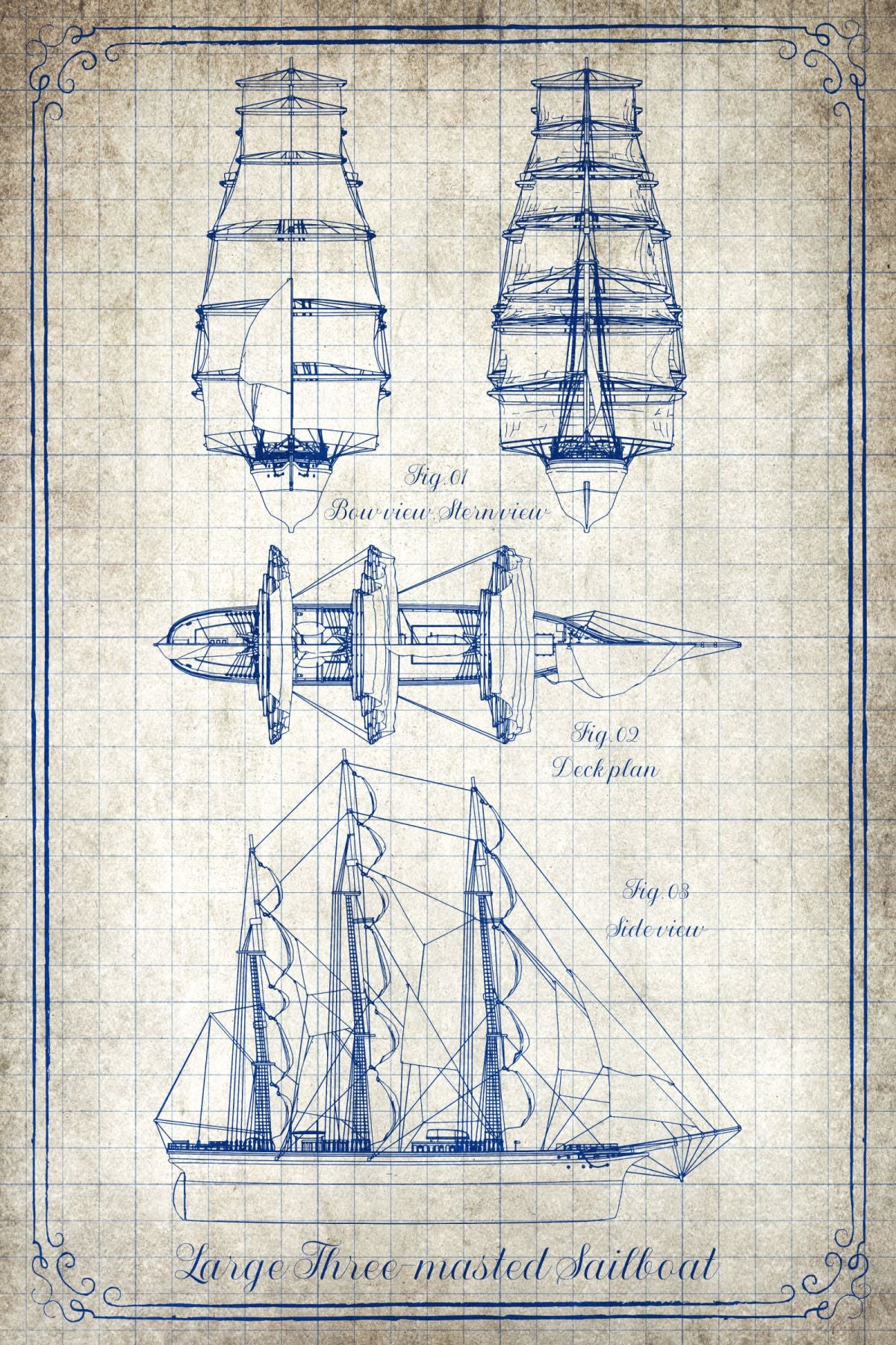 Large Three-Masted Sailboat On White