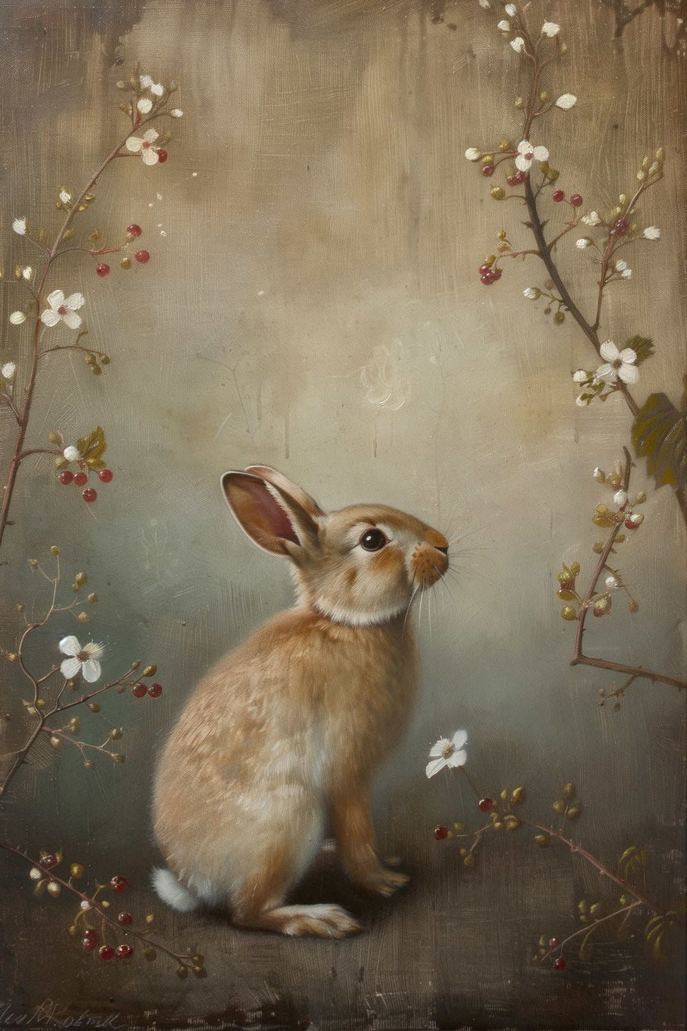 Rabbit with Cherry Blossoms Fine Art Painting