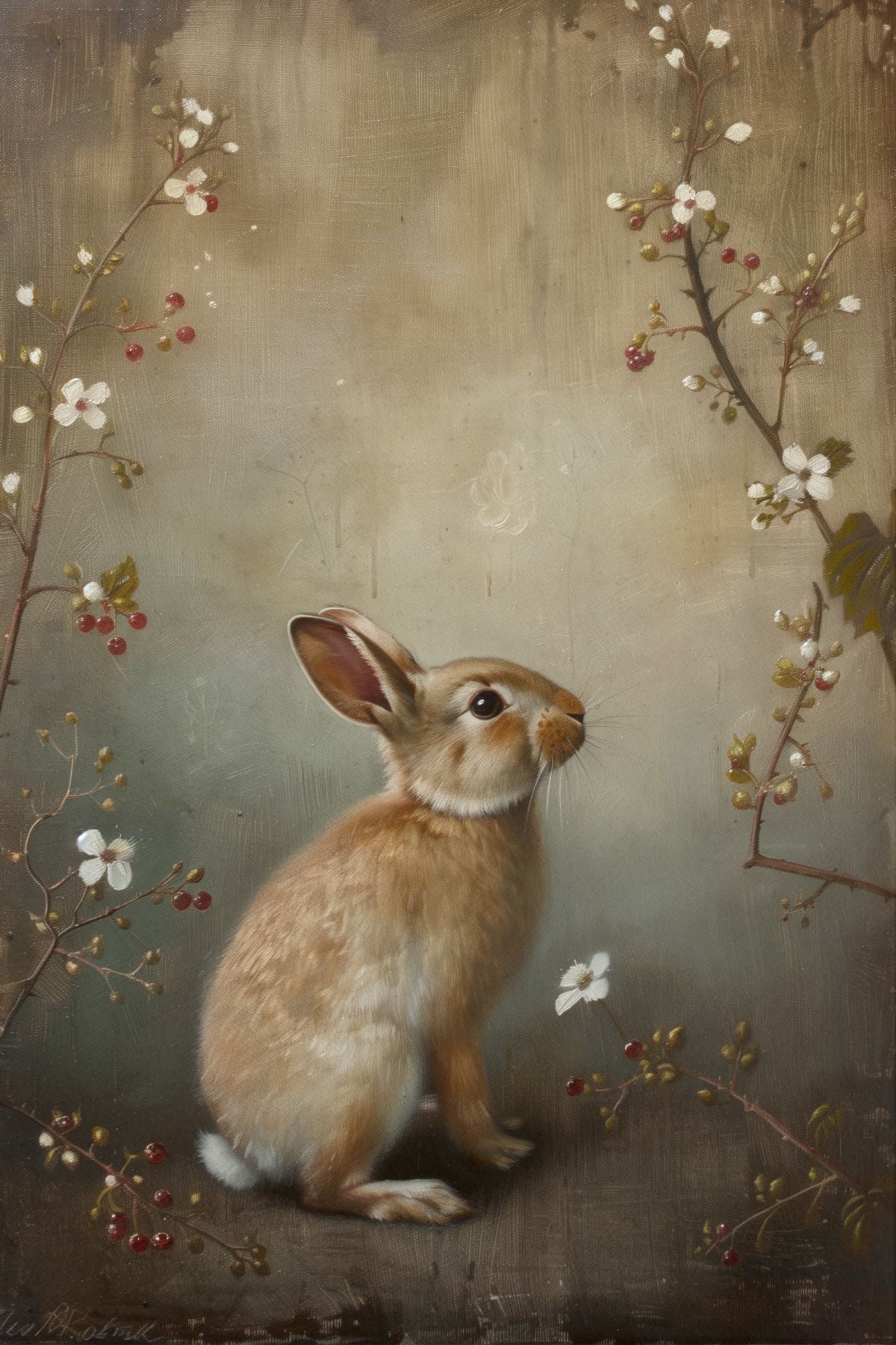 Rabbit with Cherry Blossoms Fine Art Painting