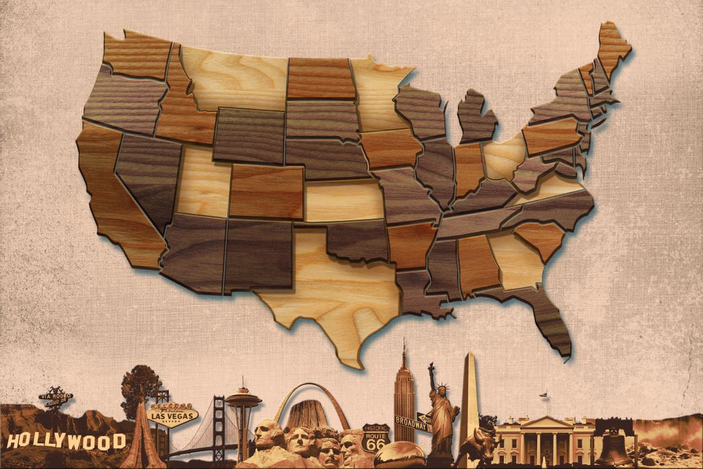 Carved Wood USA Map