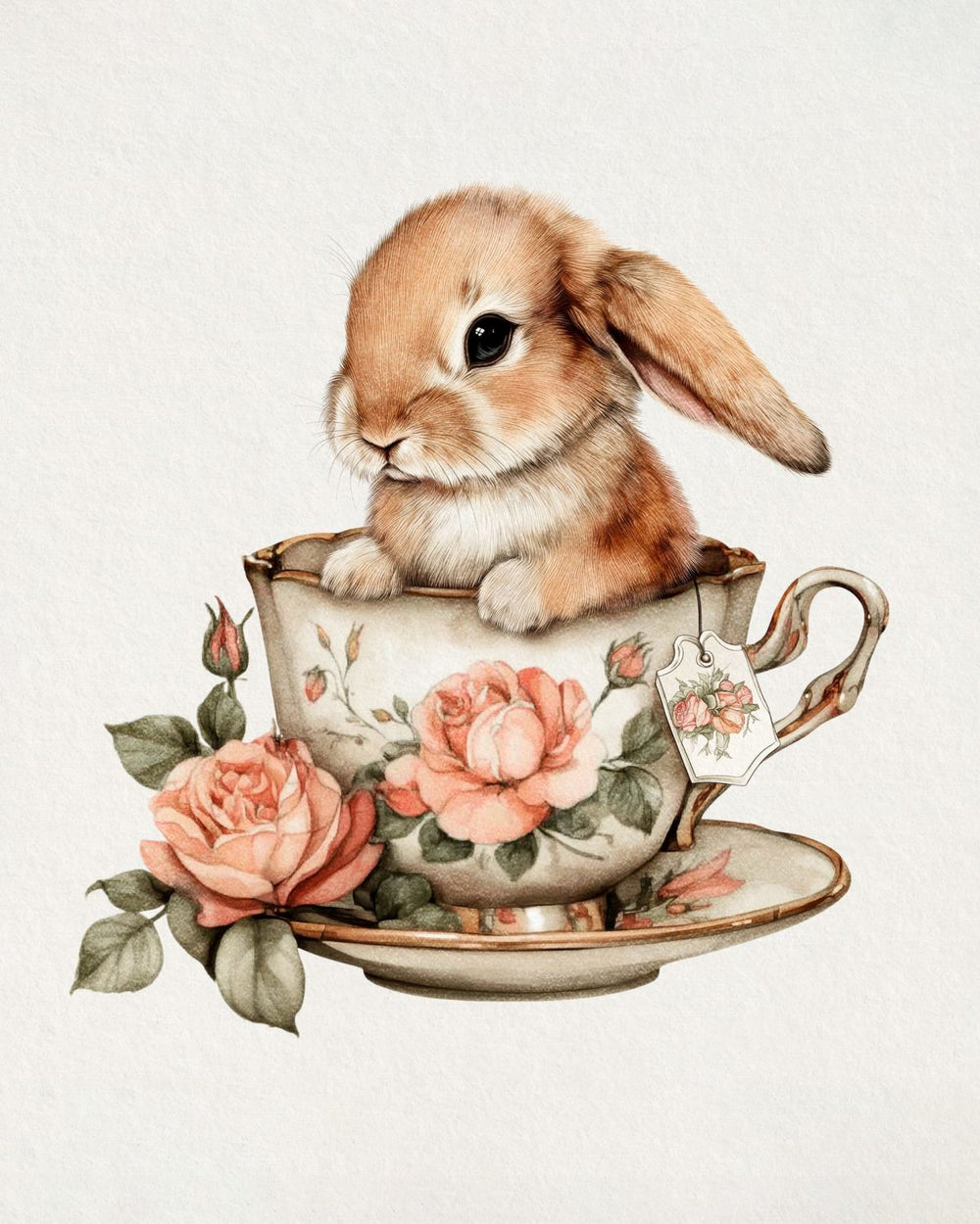 Bunny in Floral Teacup Watercolor Art