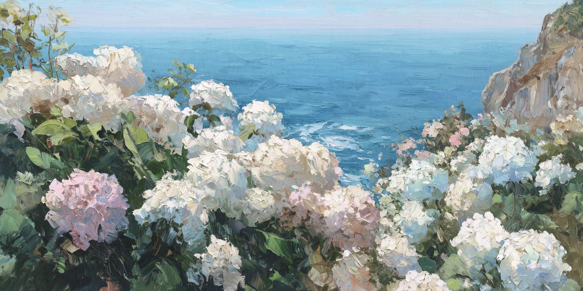 White Hydrangeas by the Sea Painting