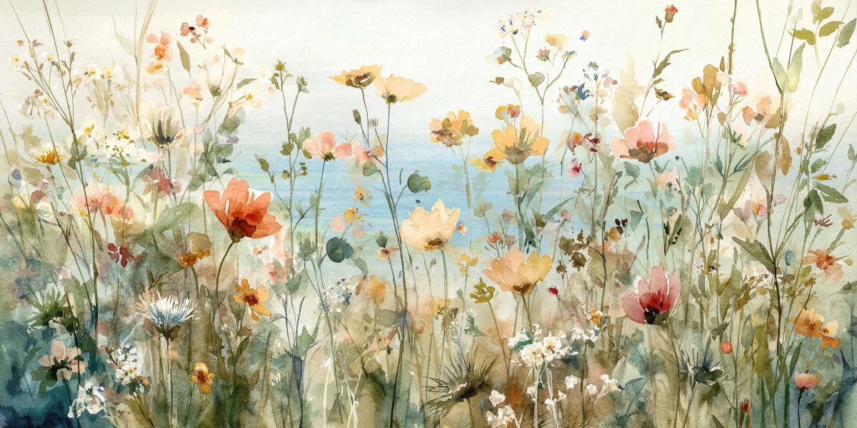 Coastal Flowers Panoramic Watercolor