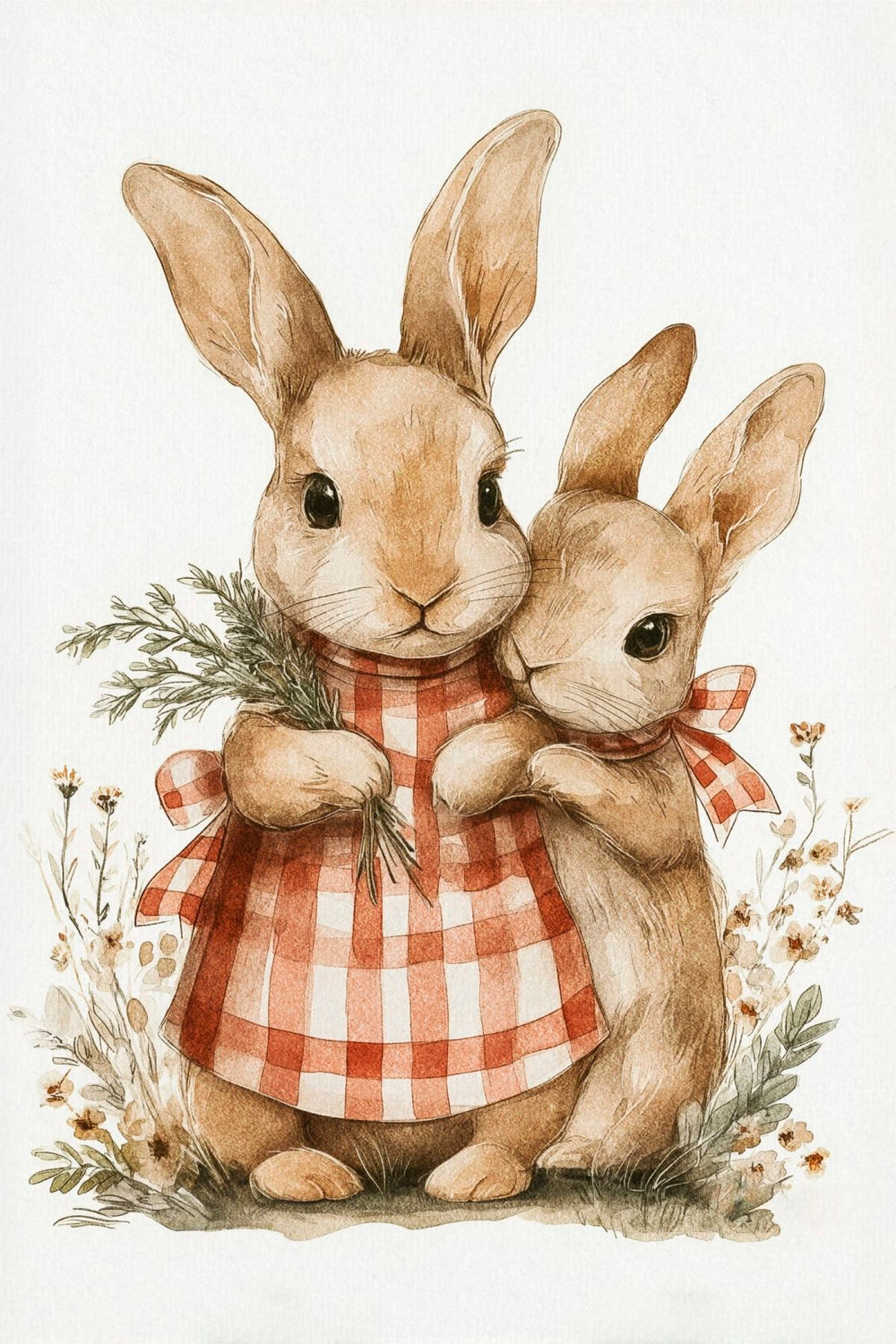 Bunny Siblings in Plaid Watercolor Art
