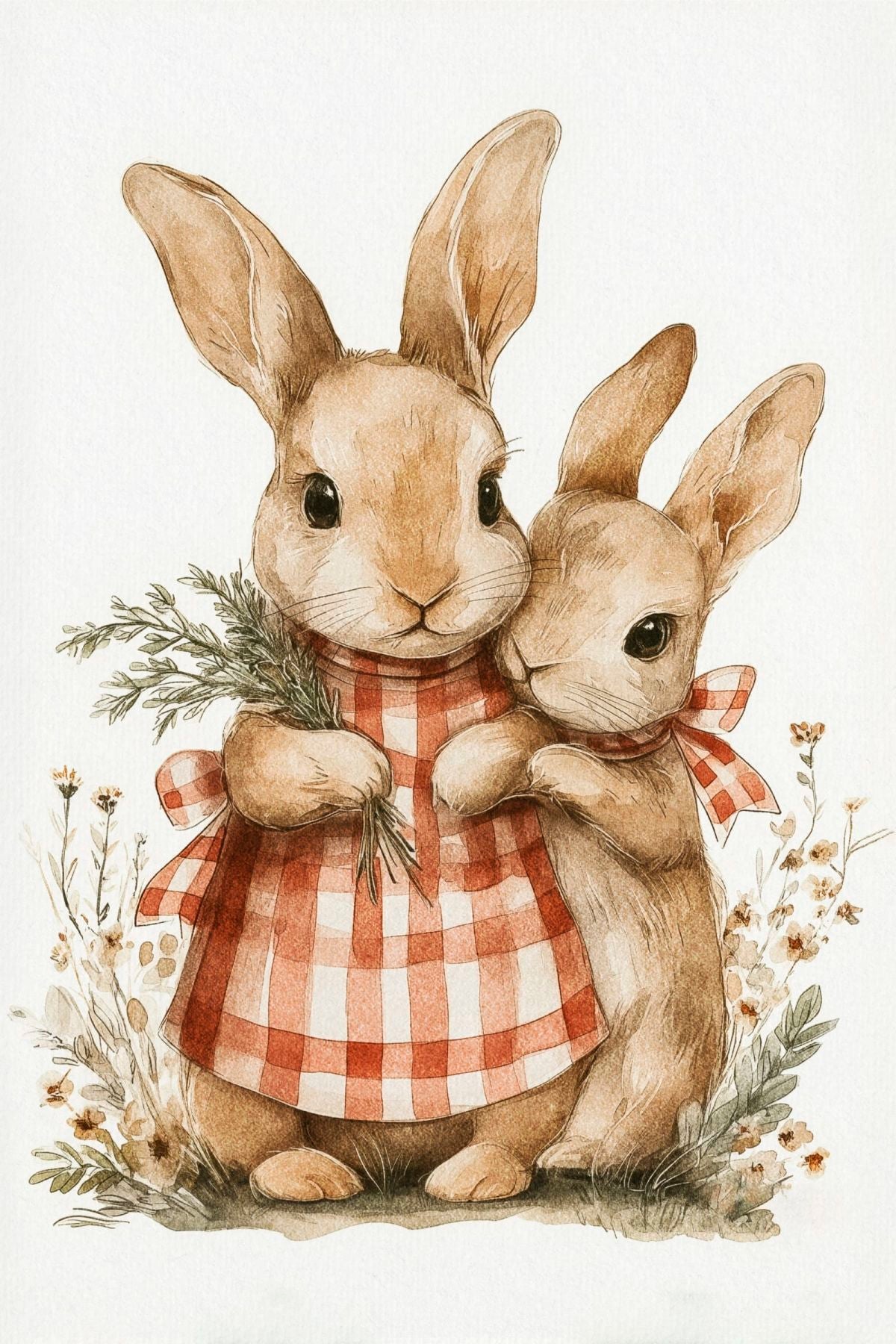 Bunny Siblings in Plaid Watercolor Art