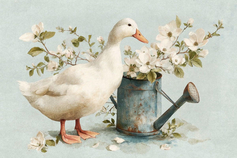 White Duck with Watering Can and Blossoms
