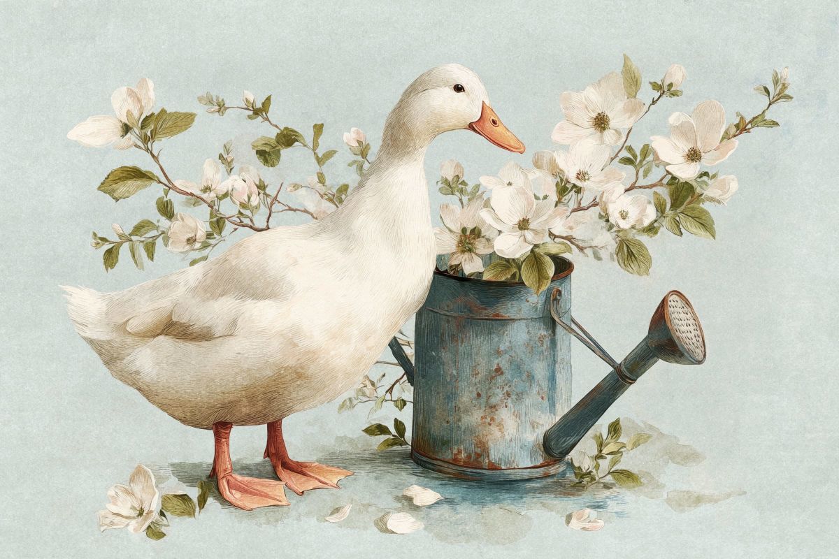 White Duck with Watering Can and Blossoms