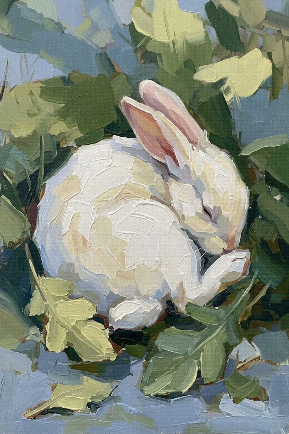 Sleeping White Bunny in Garden Painting