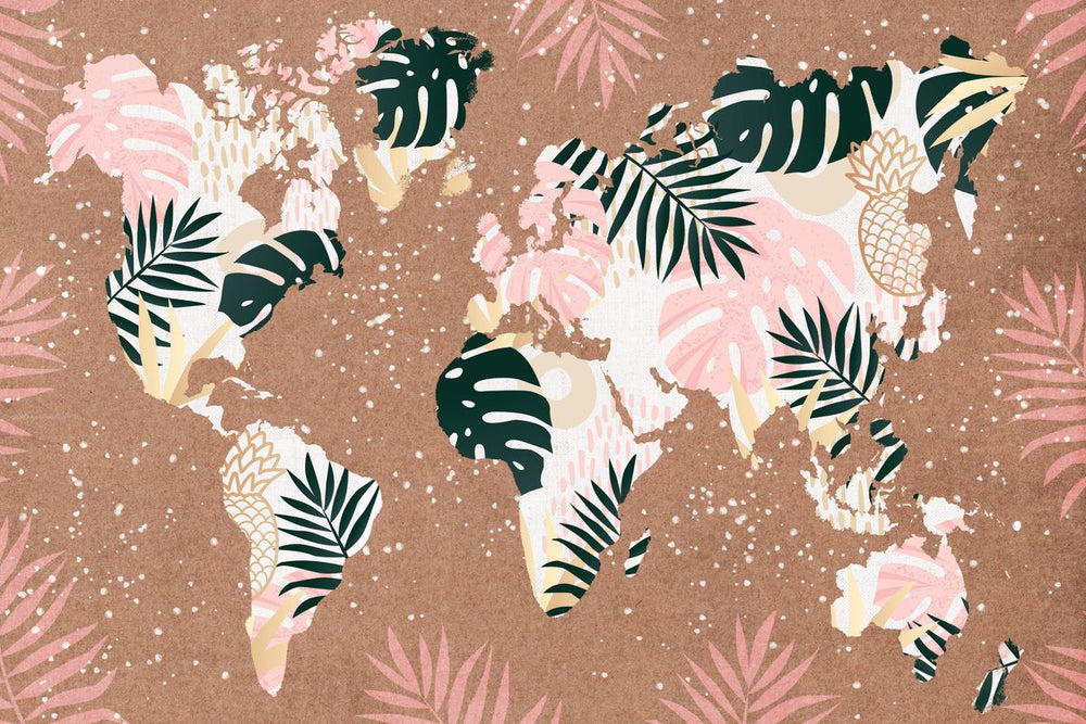 Pink Tropical Leaves World Map