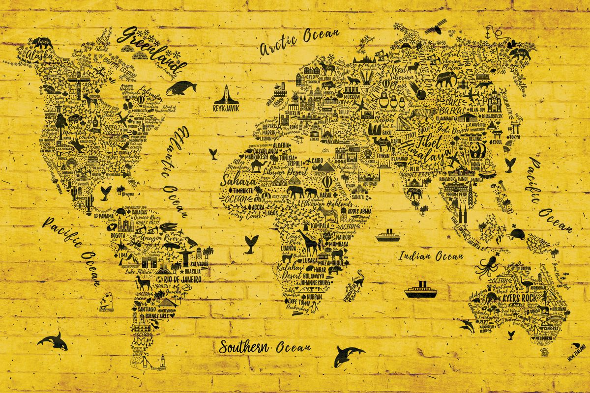 Yellow Iconic Attractions World Map