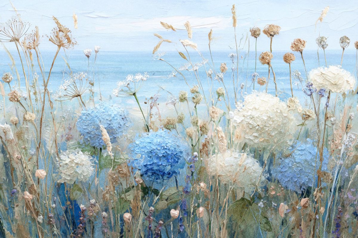 Blue and White Hydrangeas by the Seaside