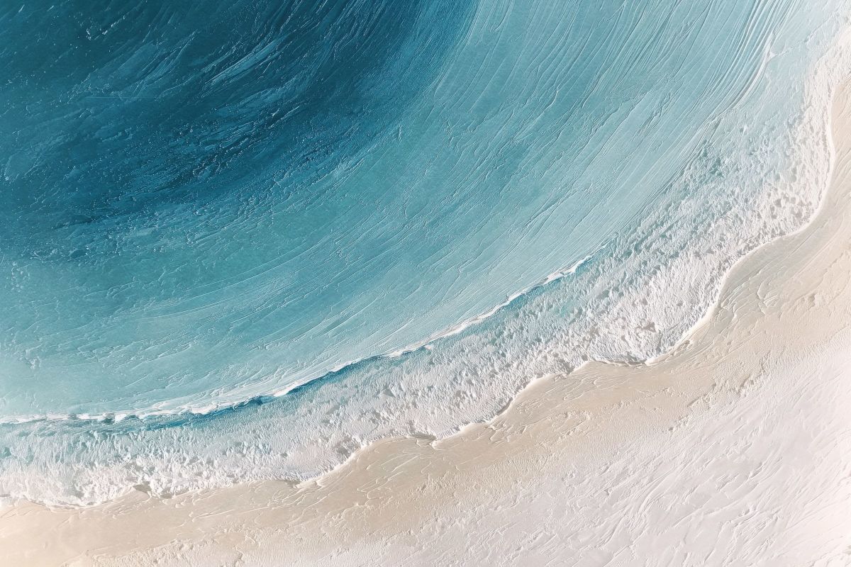 Aerial Teal Ocean Wave Sweeping Sandy Shore Painting