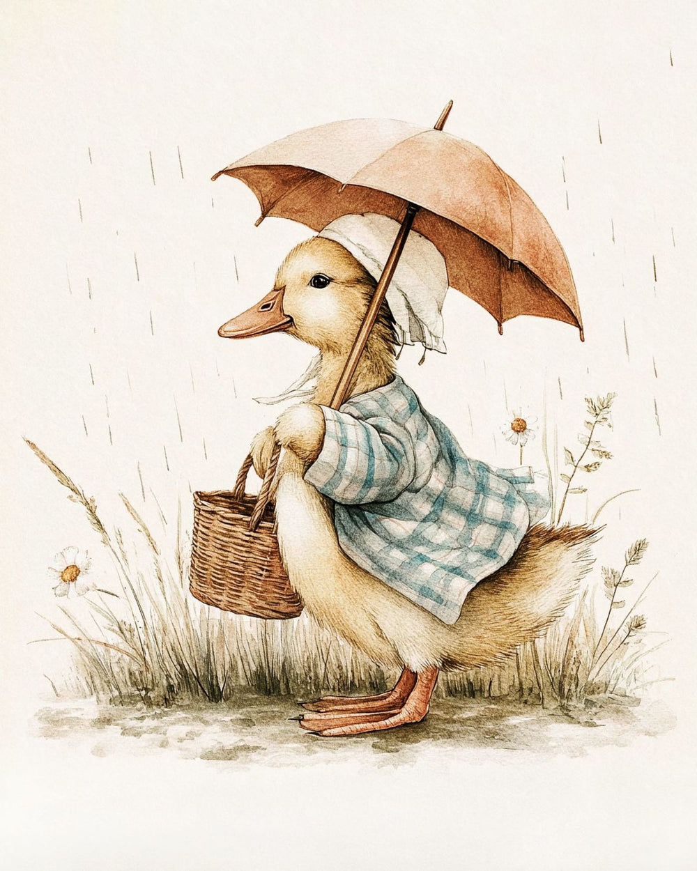 Whimsical Duckling in the Rain Illustration