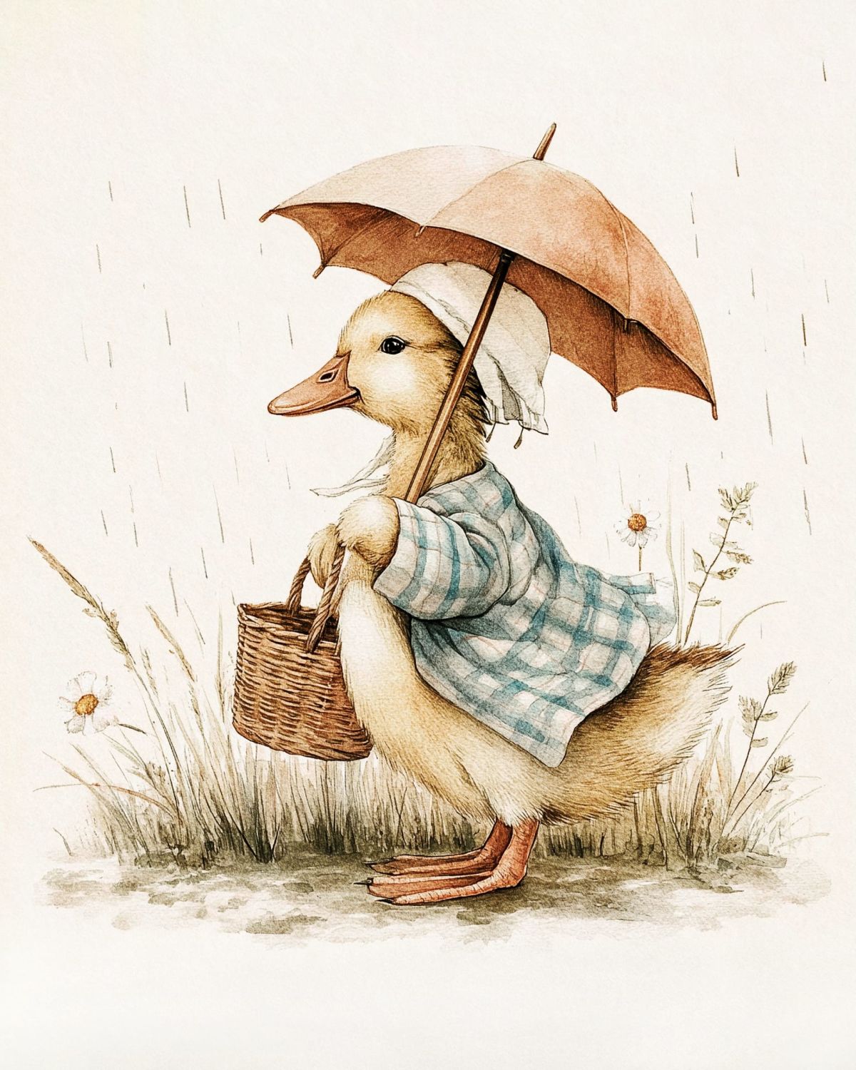 Whimsical Duckling in the Rain Illustration