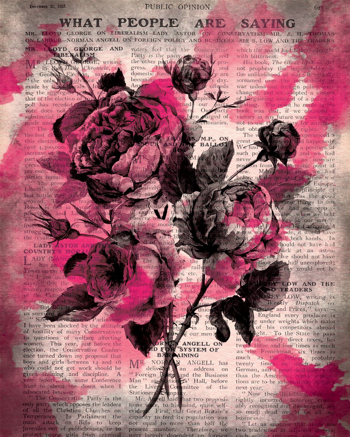 Newsprint Peony Flowers Pink Splash