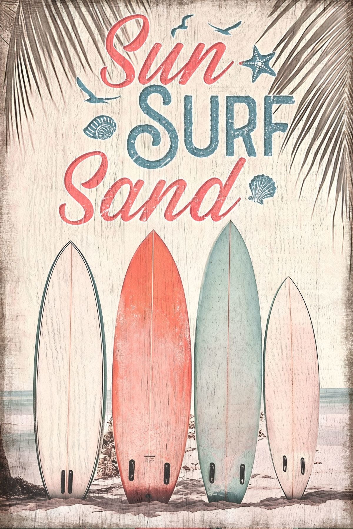 Sun Surf Sand Typography Sign Wall Art