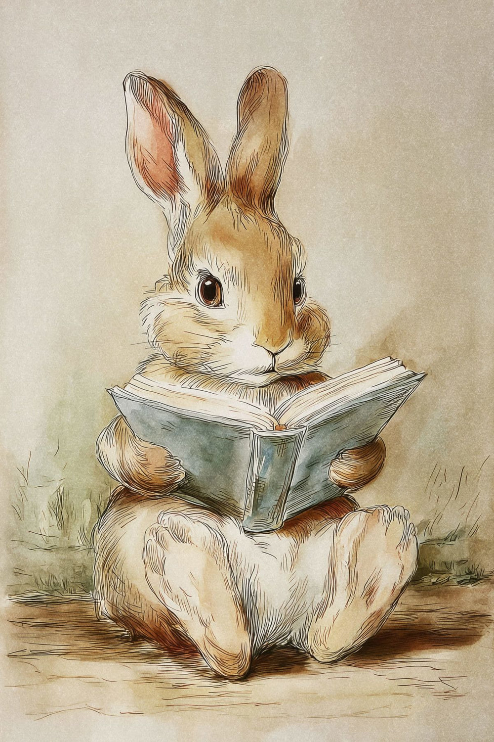 Curious Rabbit Reading a Book