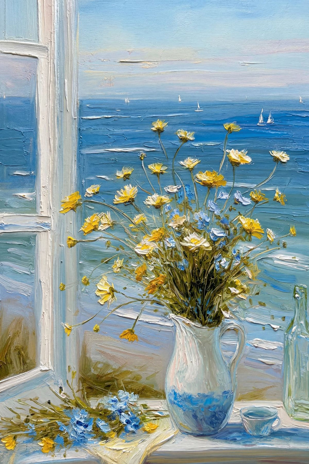Yellow Wildflowers in a Vase by the Ocean Window