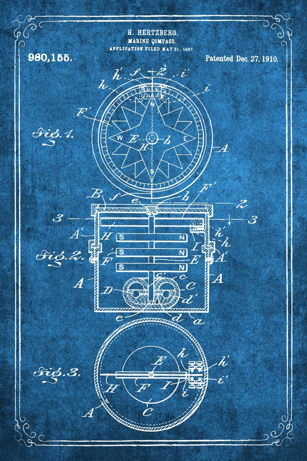 Marine Compass On Blue Wall Art