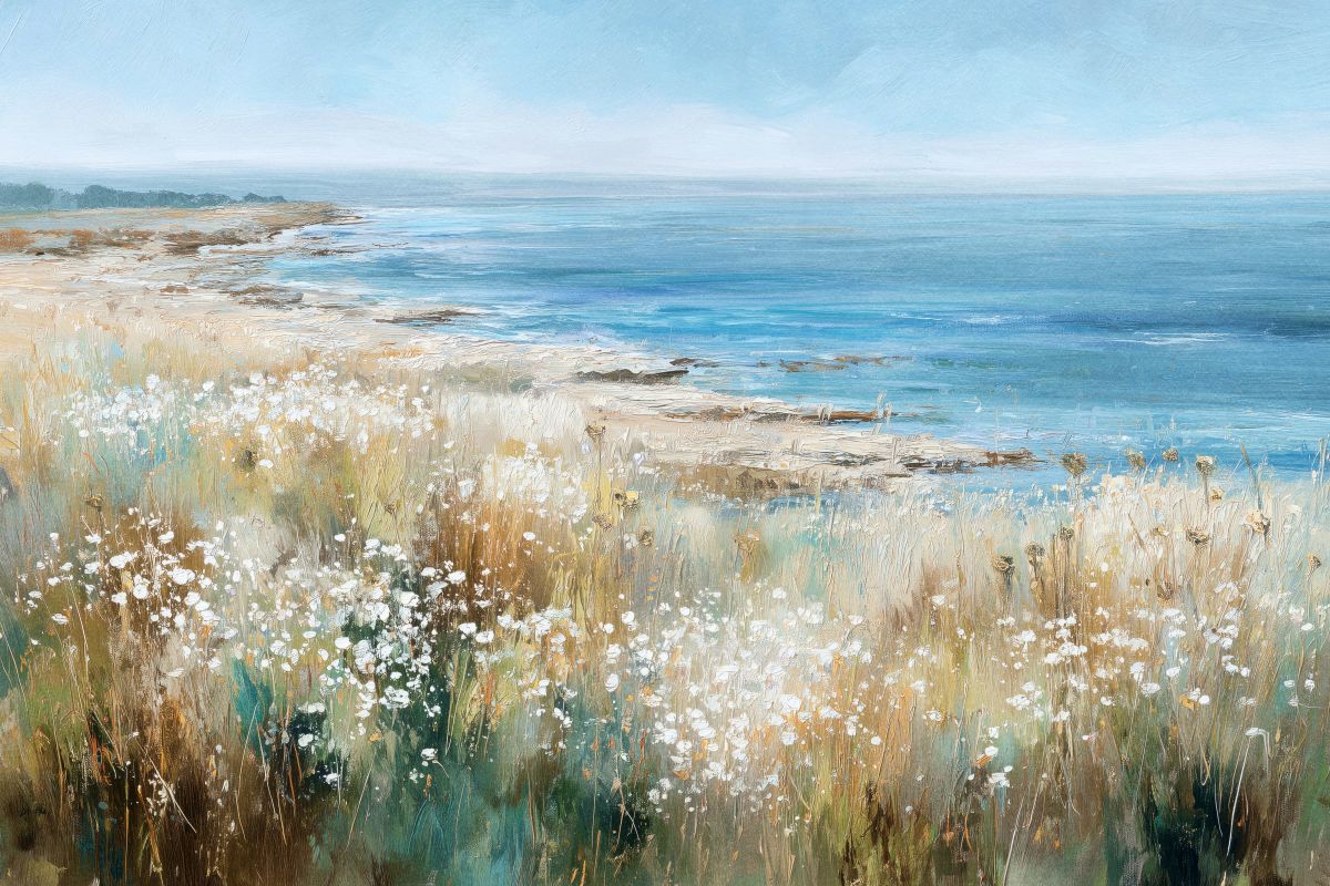 Tranquil Coastal Meadow with White Wildflowers
