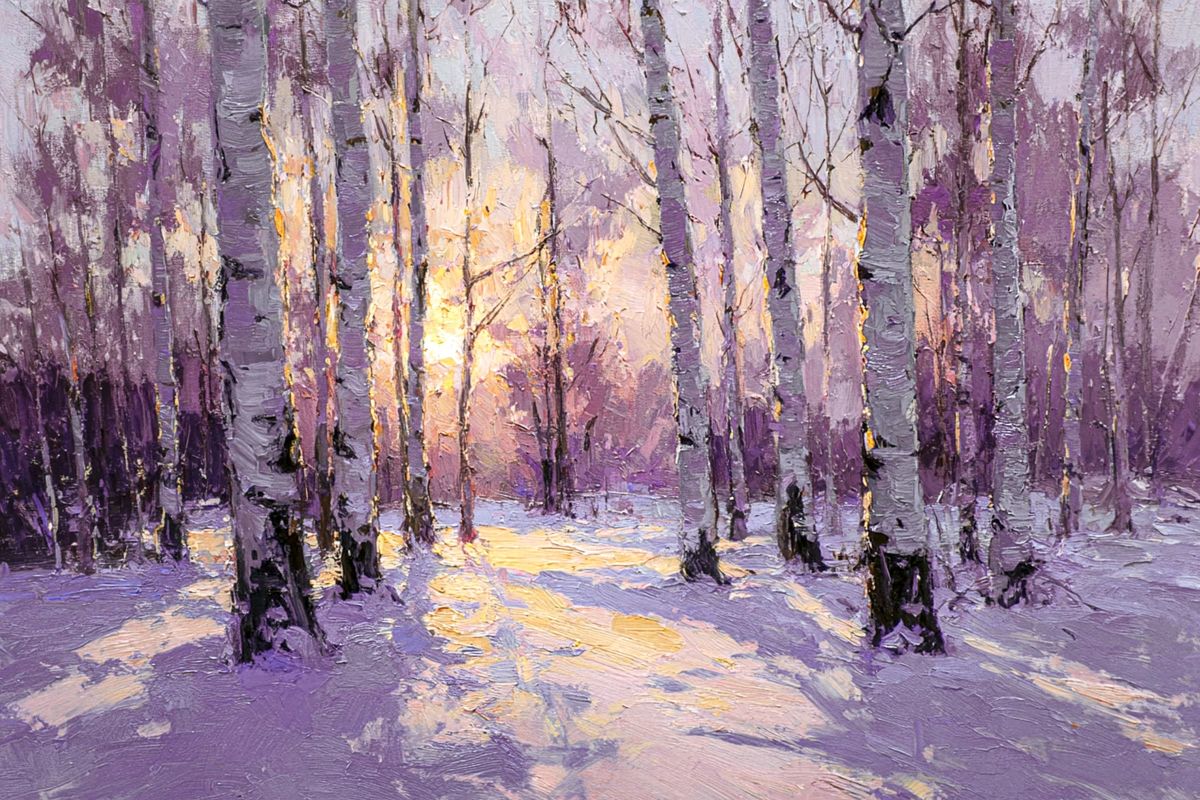 Birch Trees in Winter Sunset