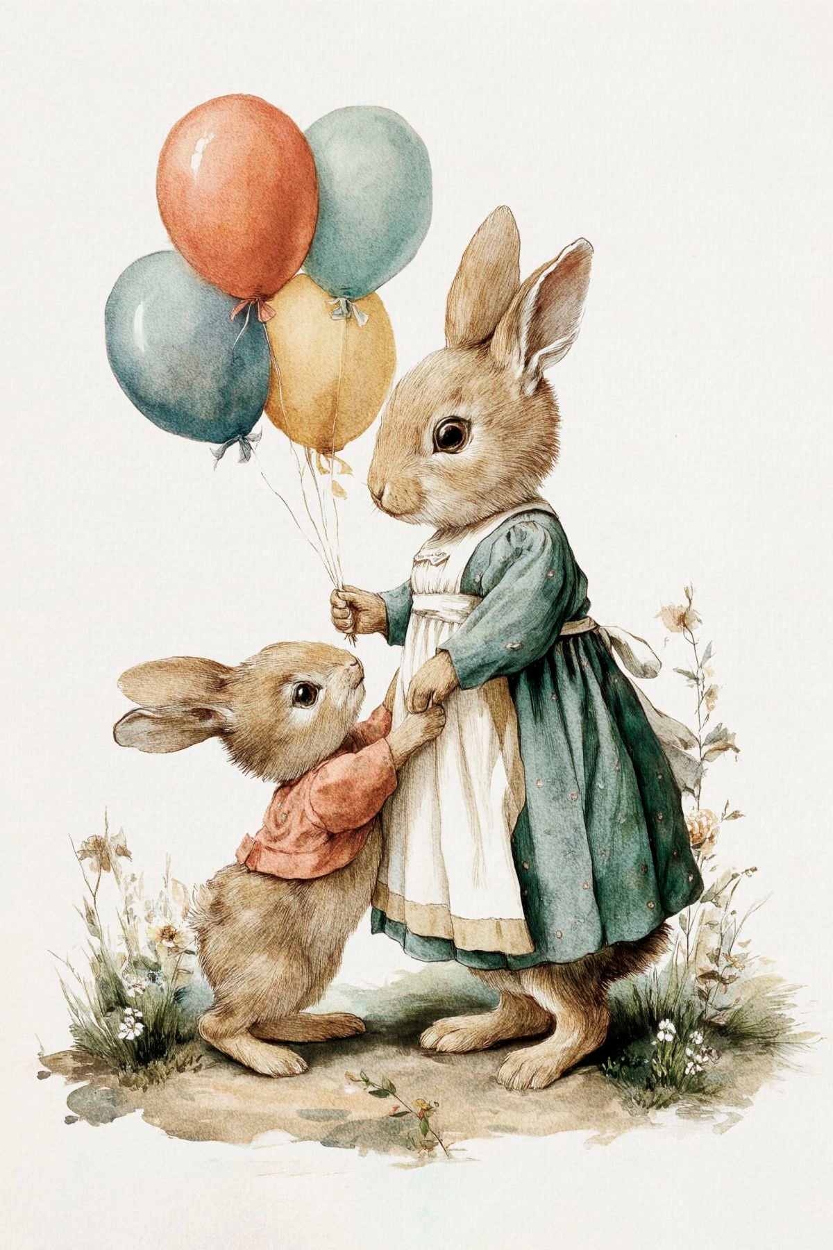 Mother Bunny with Balloons Watercolor Art