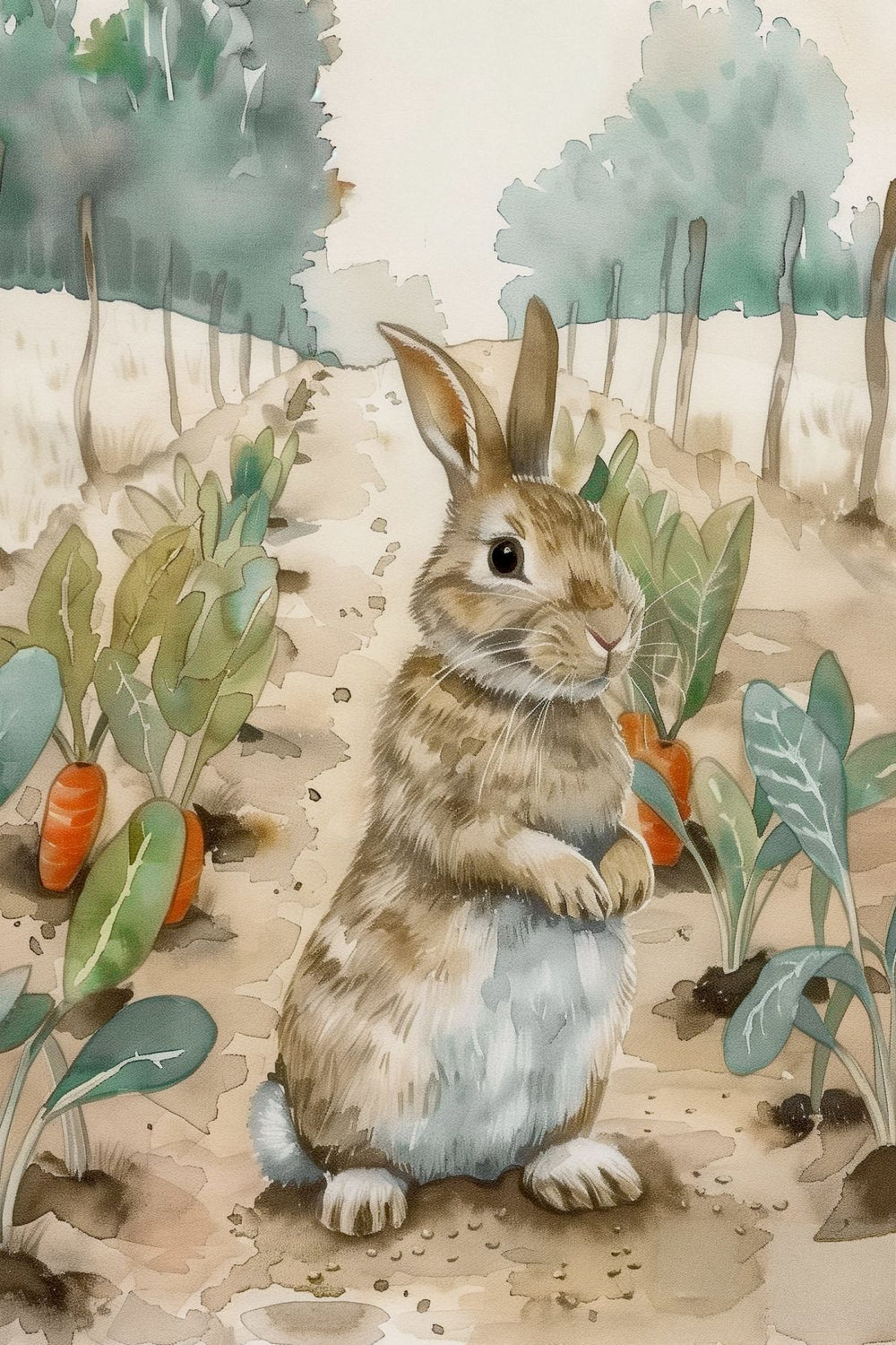 Rabbit in the Carrot Patch Watercolor