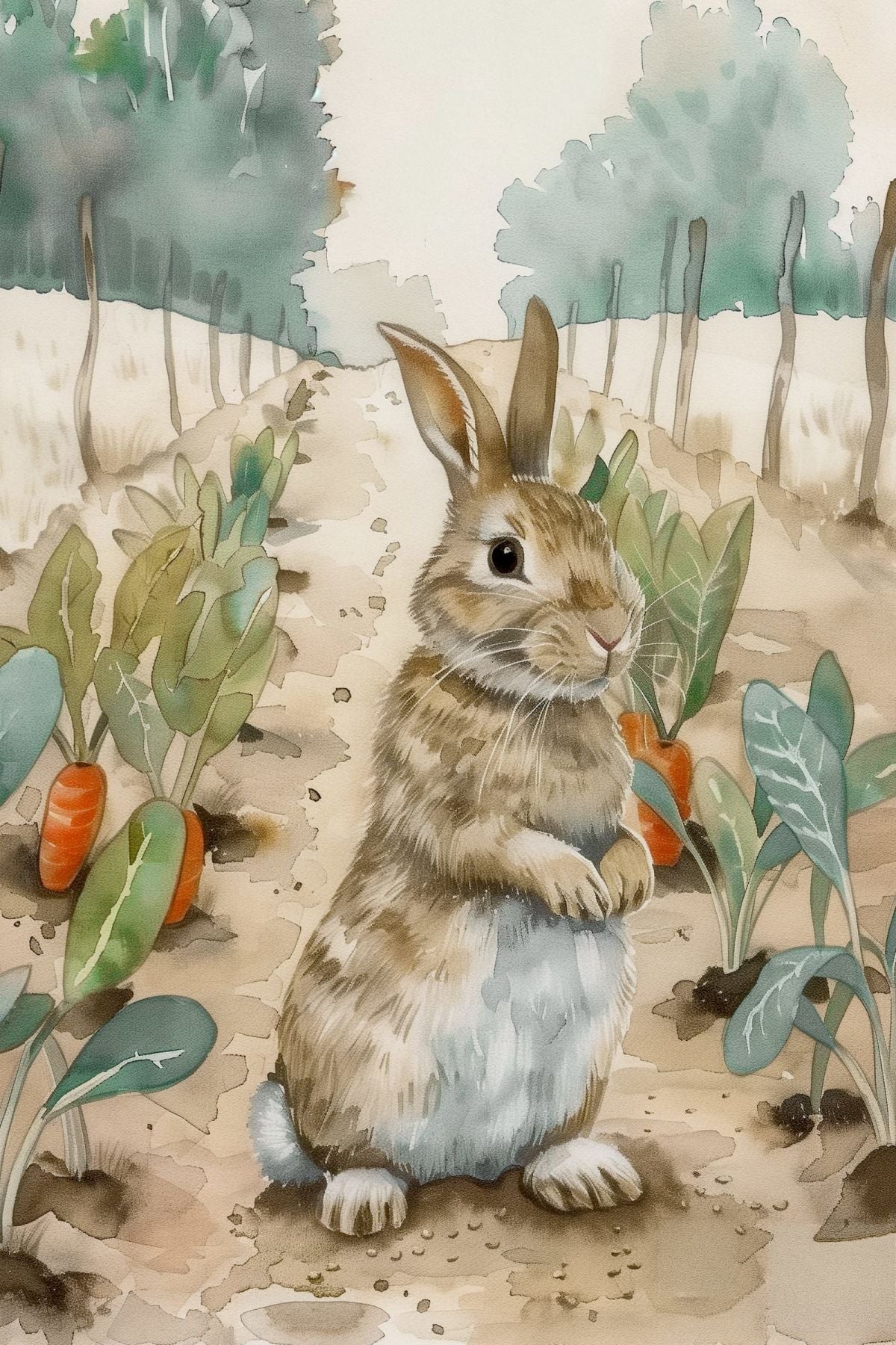 Rabbit in the Carrot Patch Watercolor