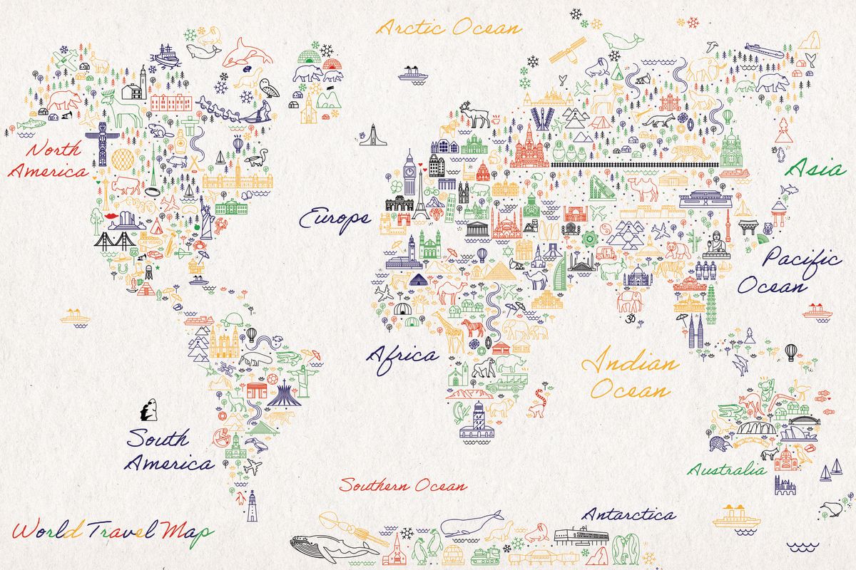 Simple Iconic Attractions World Map