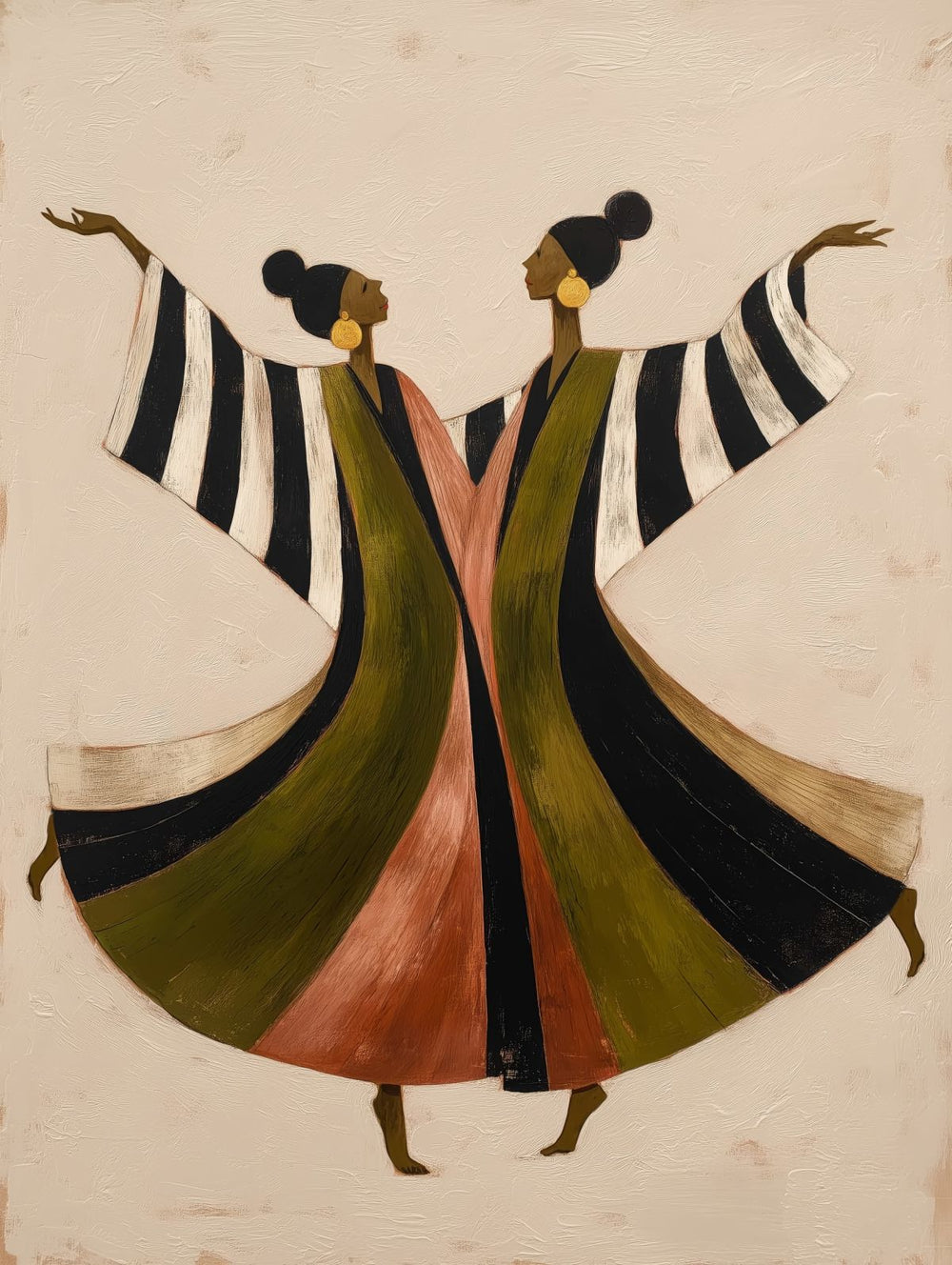 Whimsical Dancing Figures with Striped Garments