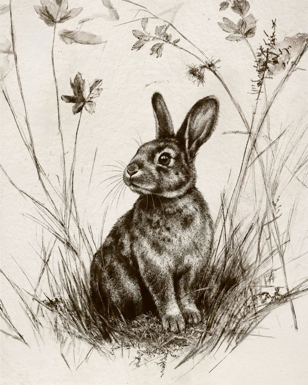 Detailed Rabbit in Tall Grass Sketch