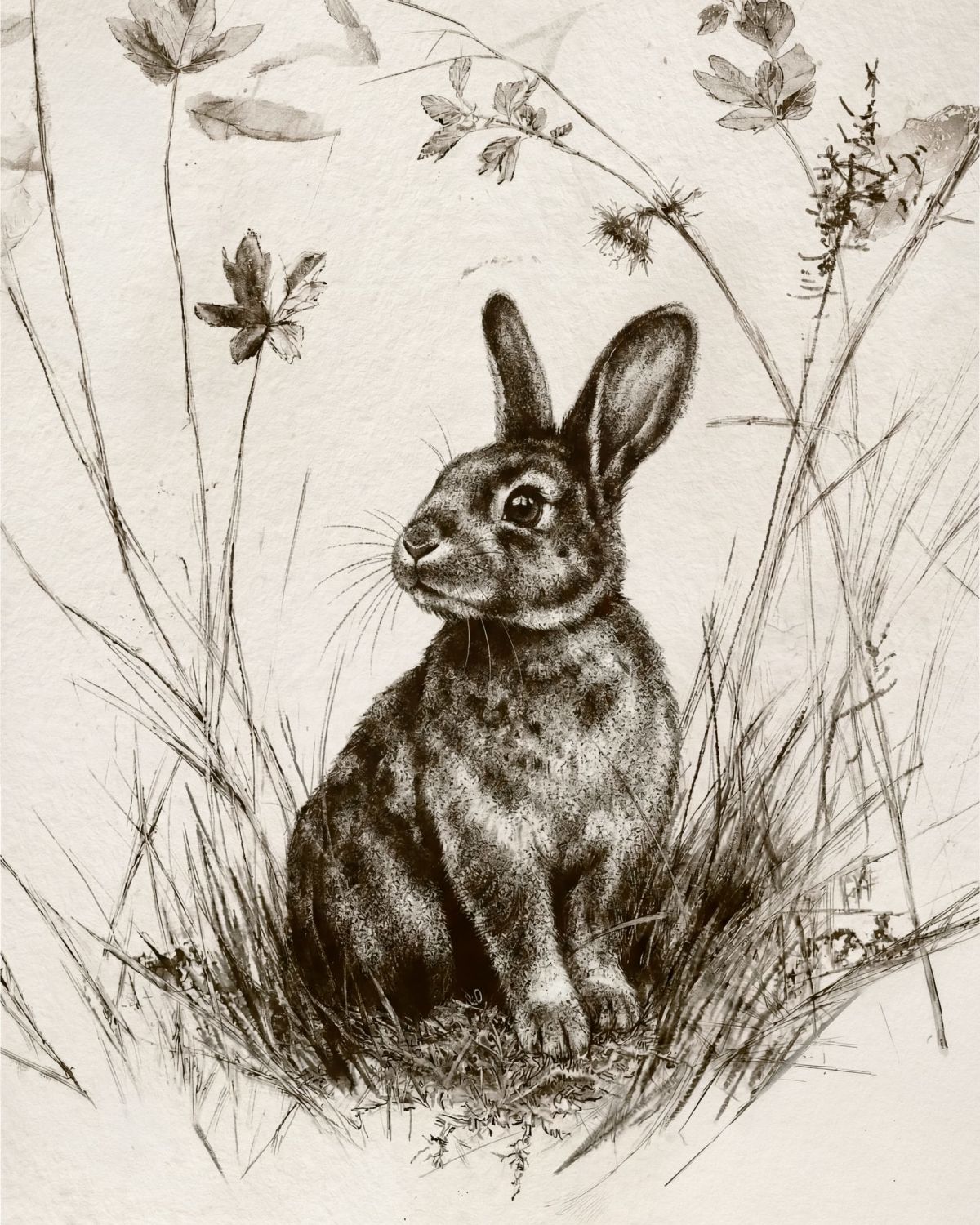Detailed Rabbit in Tall Grass Sketch