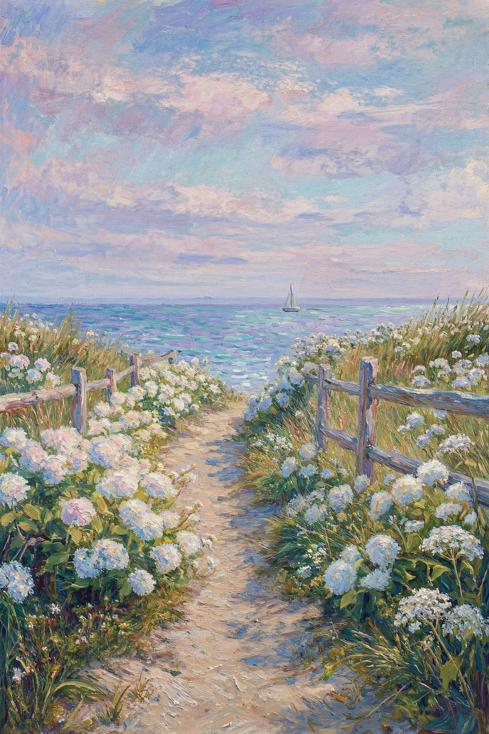 Path of White Hydrangeas to the Sea