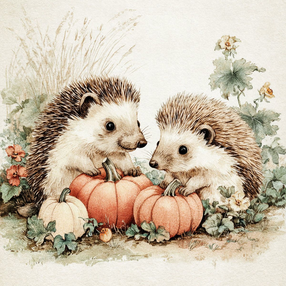 Two Hedgehogs with Autumn Pumpkins
