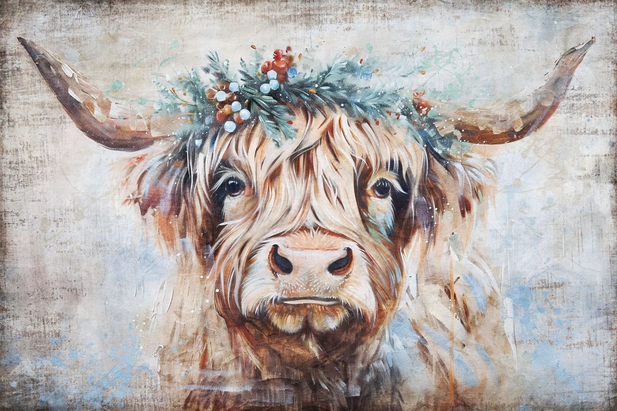 Highland Cow With Christmas Garland Crown