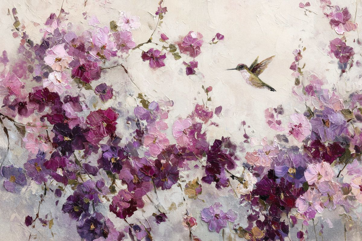 Hummingbird Among Purple Flowers