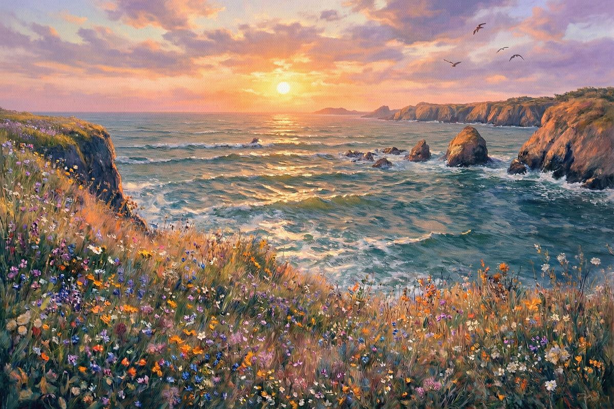 Sunset Wildflowers on Coastal Cliffs
