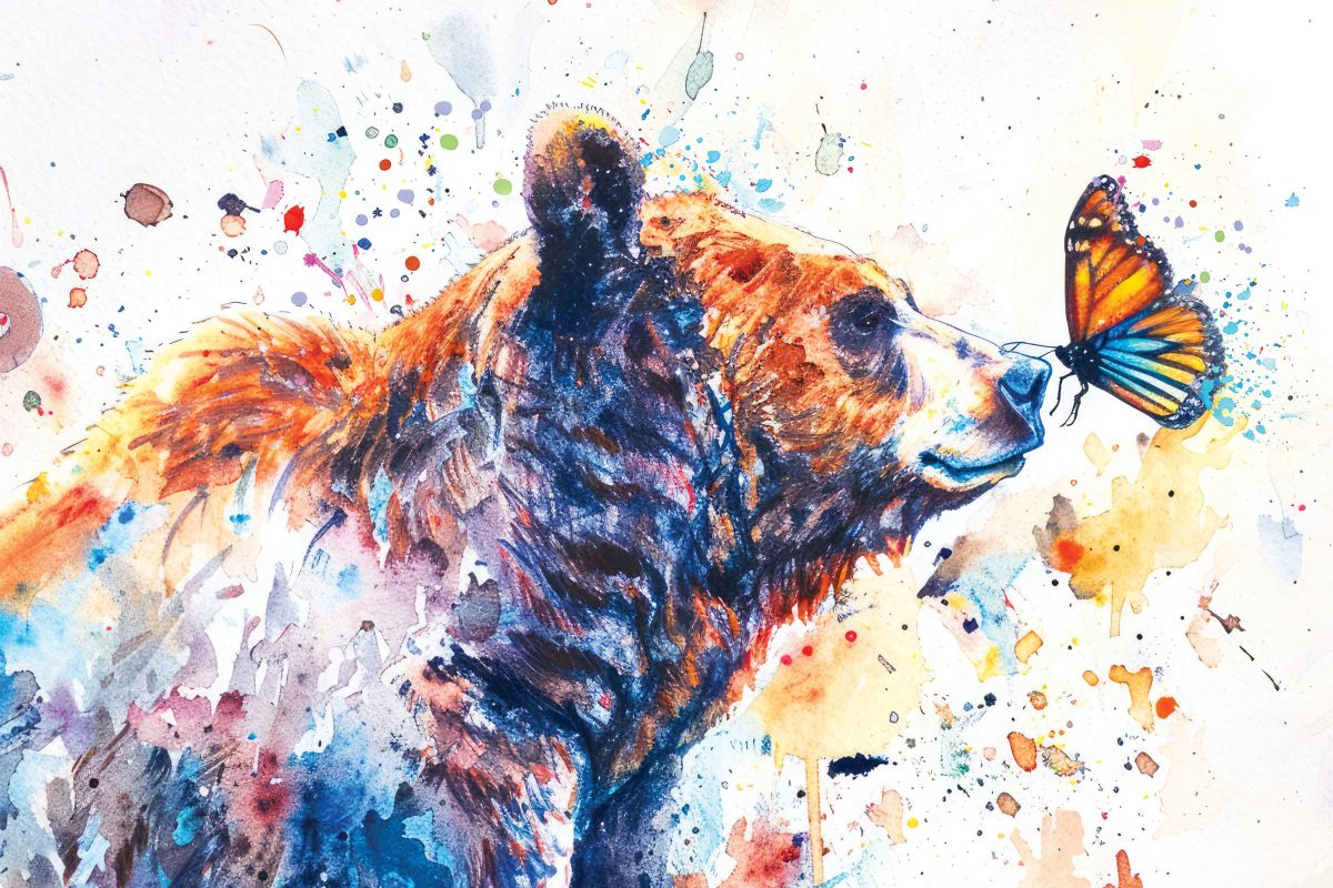 Bear And Butterfly Watercolor Splash