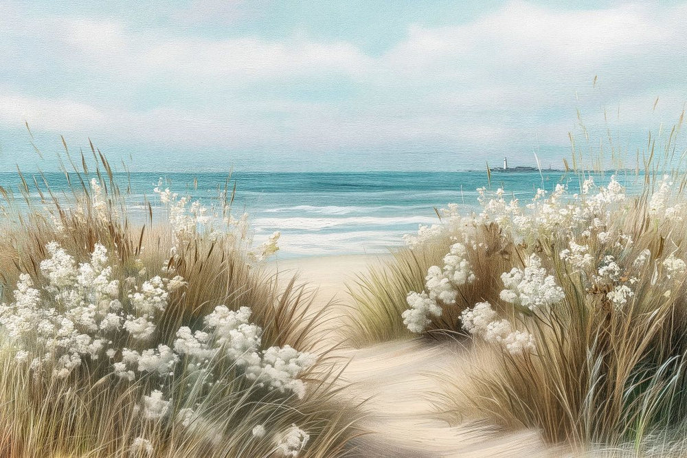 Serene Beach Path Through Sea Grass and White Blooms