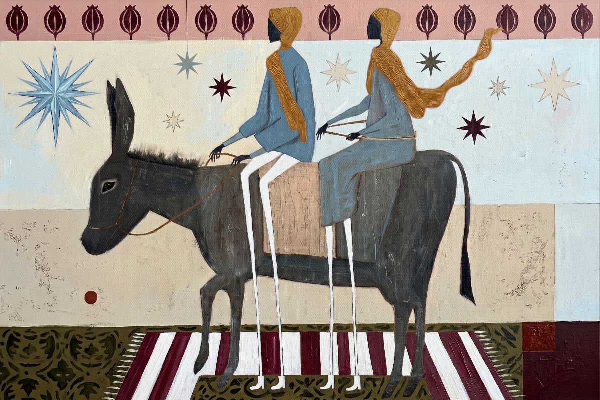 Two Figures Riding a Donkey Under Stars