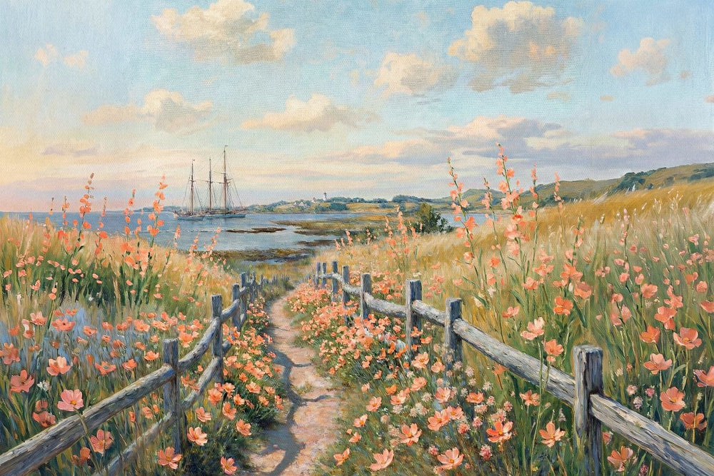 Seaside Flower Path with Sailboats