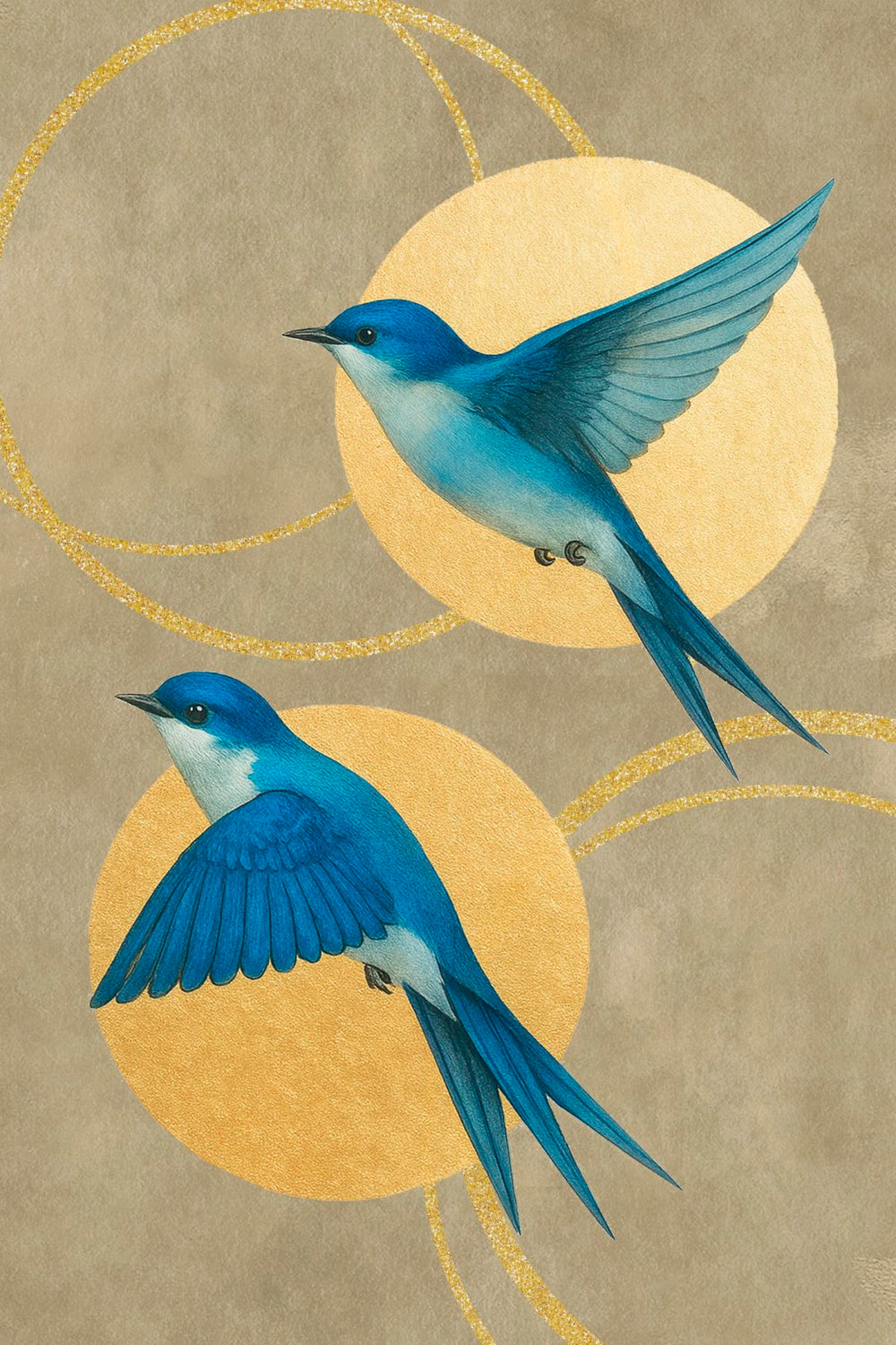 Blue Birds On Golden Circles