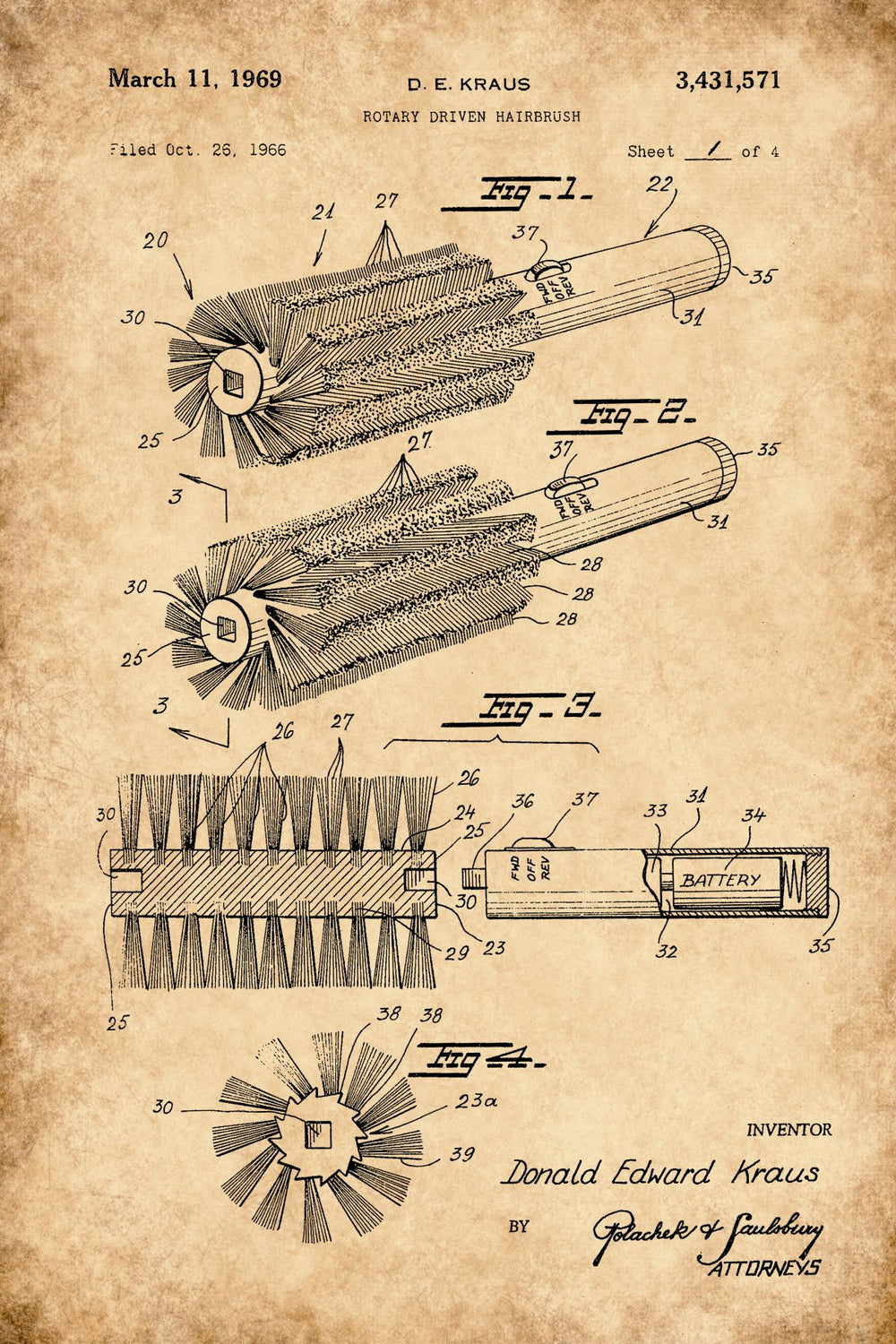 Rotary Driven Hairbrush Vintage Patent