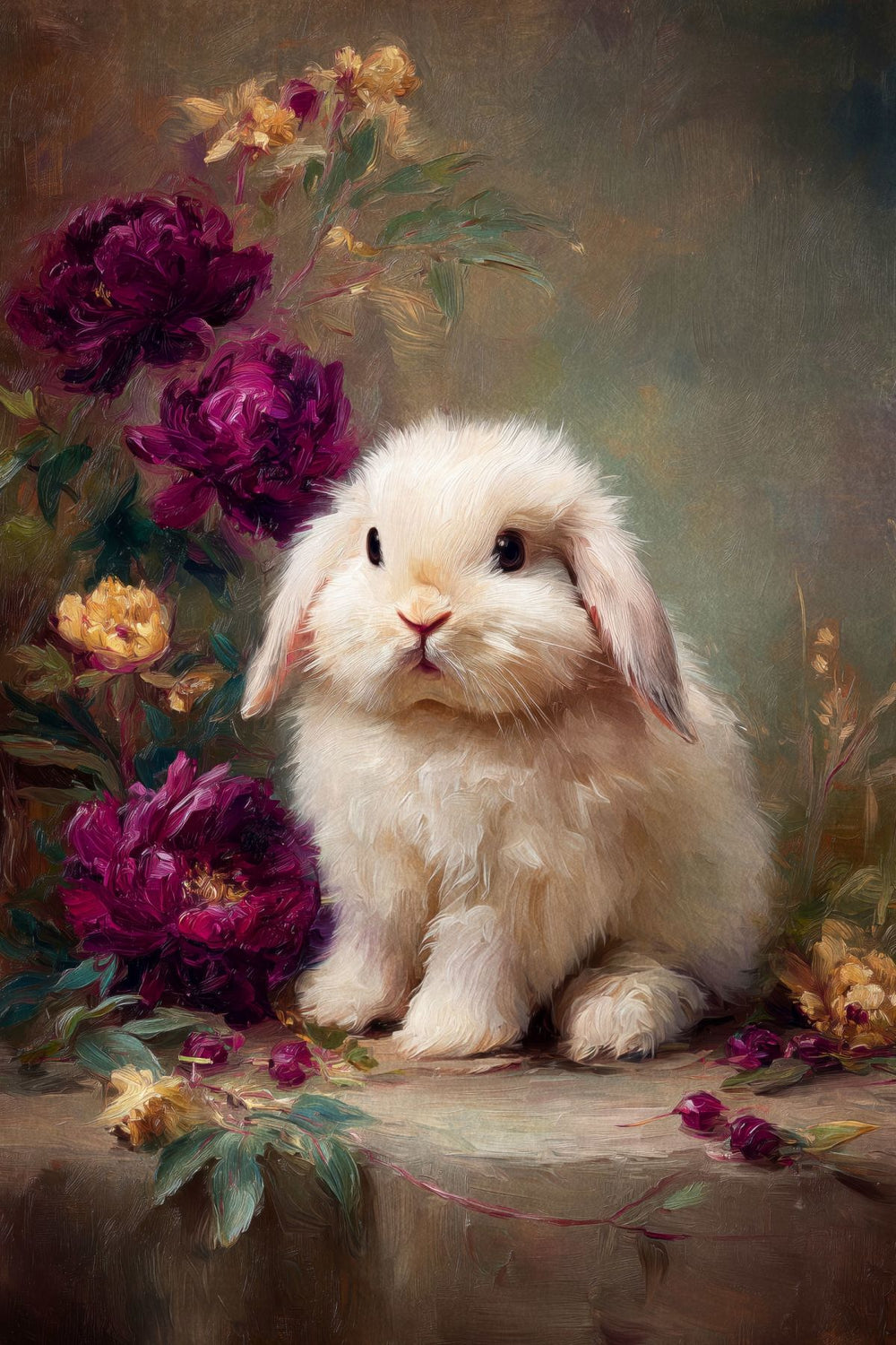 Lop-Eared Bunny and Purple Peonies