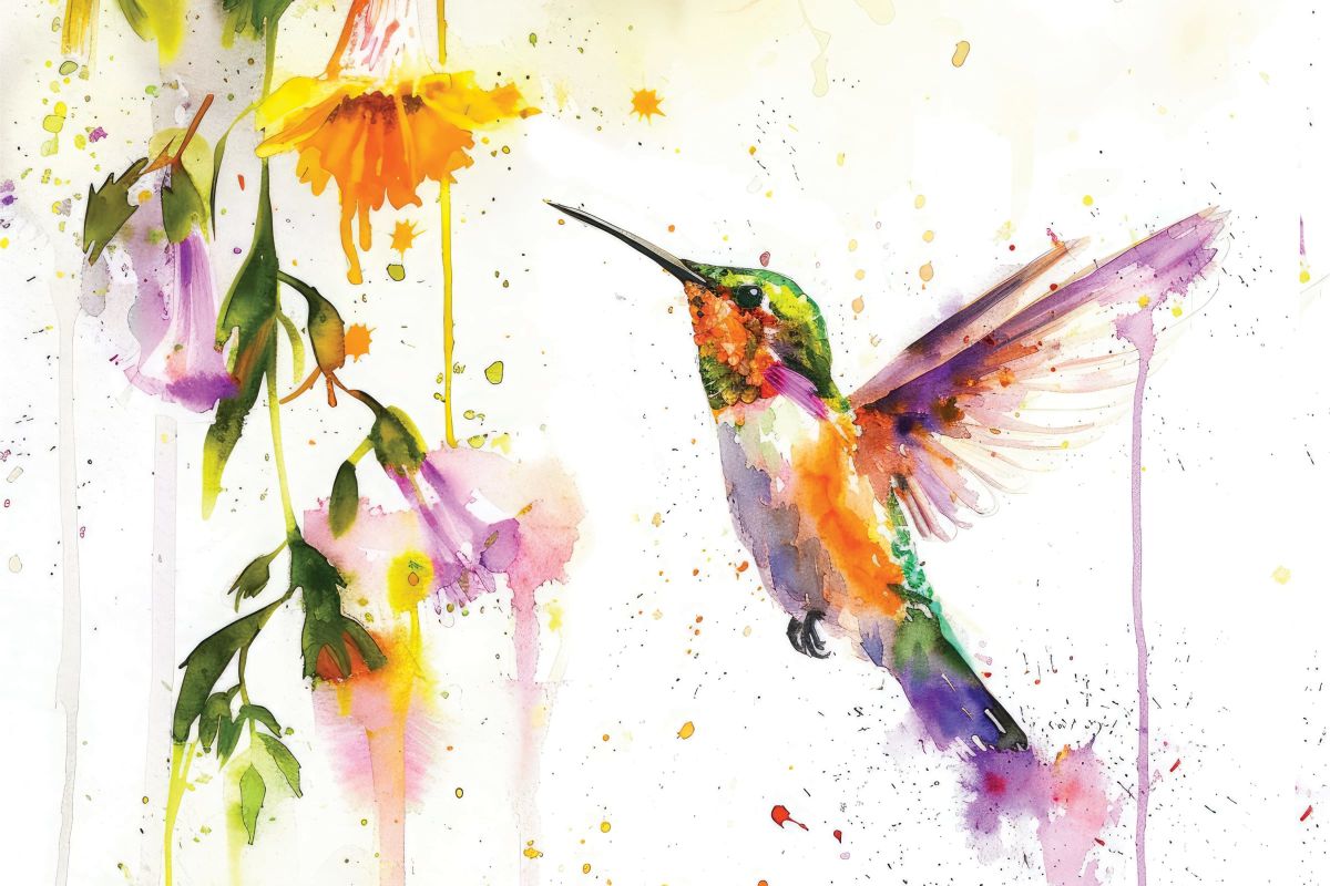 Bird And Flowers Watercolor Splash