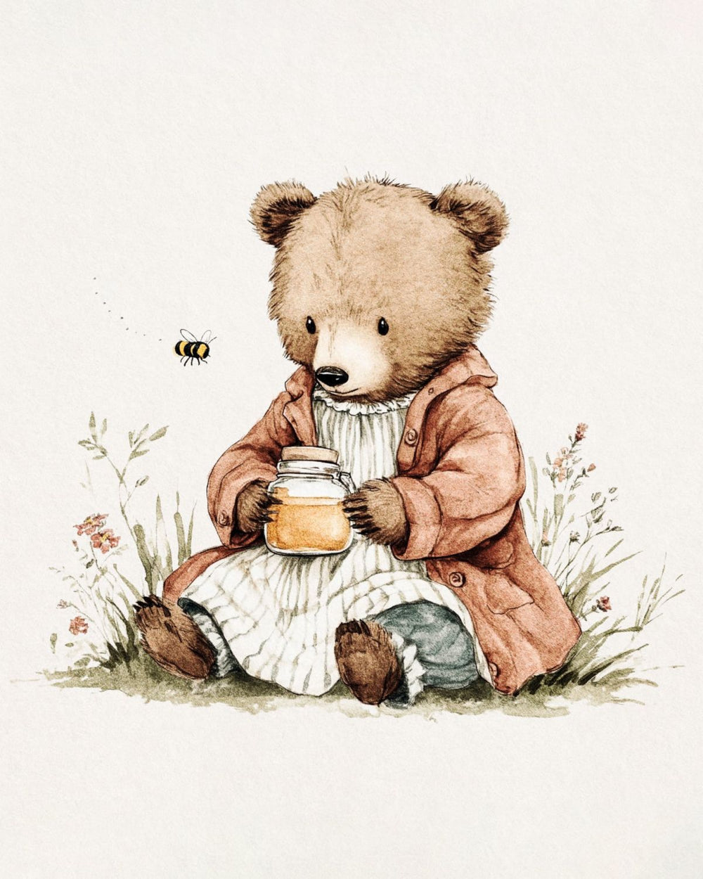 Bear with Honey Jar Watercolor Illustration