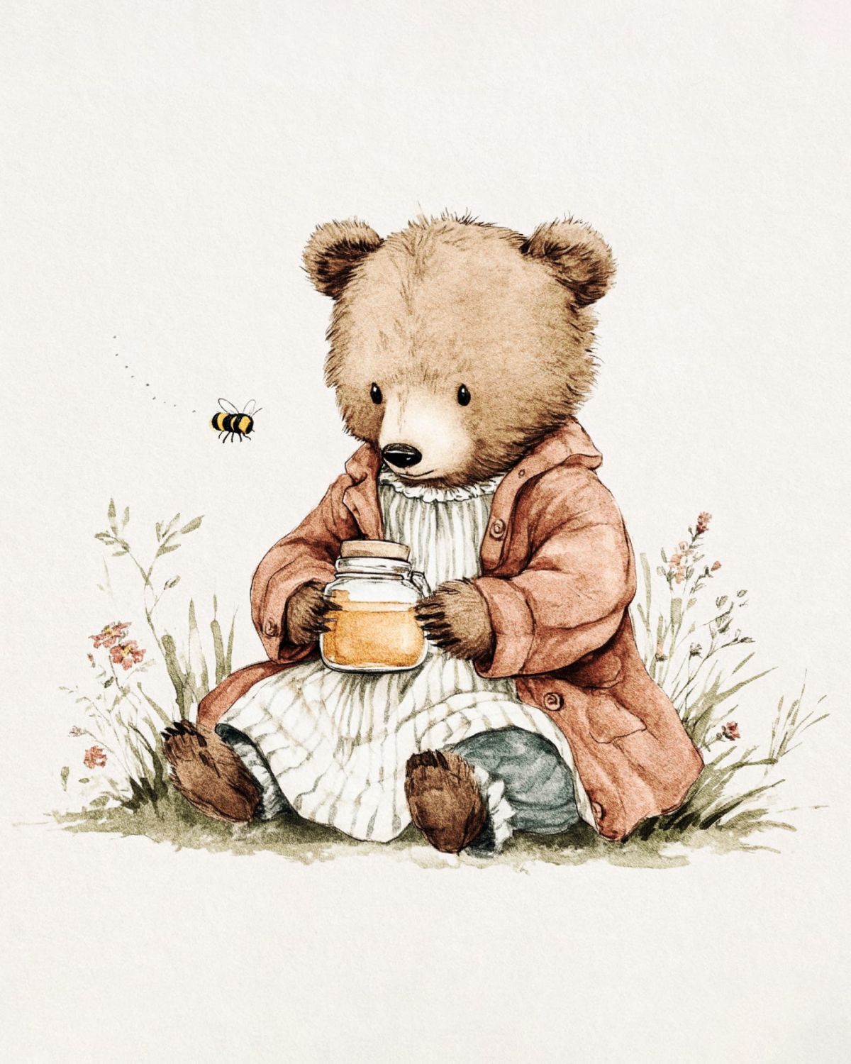 Bear with Honey Jar Watercolor Illustration