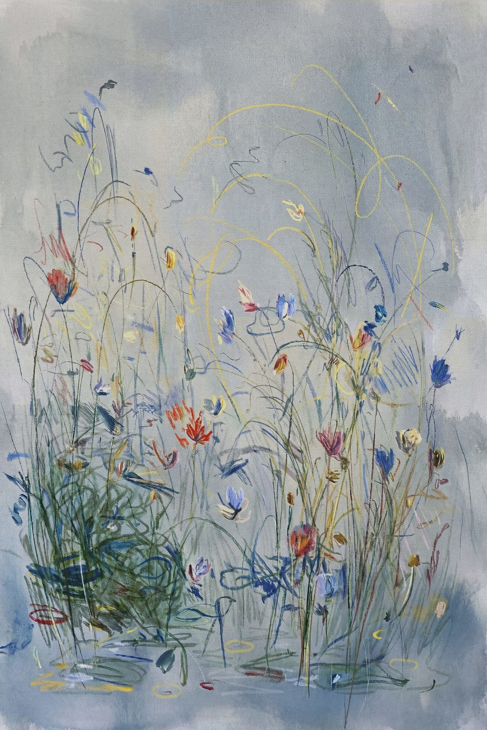 Loose Wildflower Meadow Painting on Blue-Gray Ground